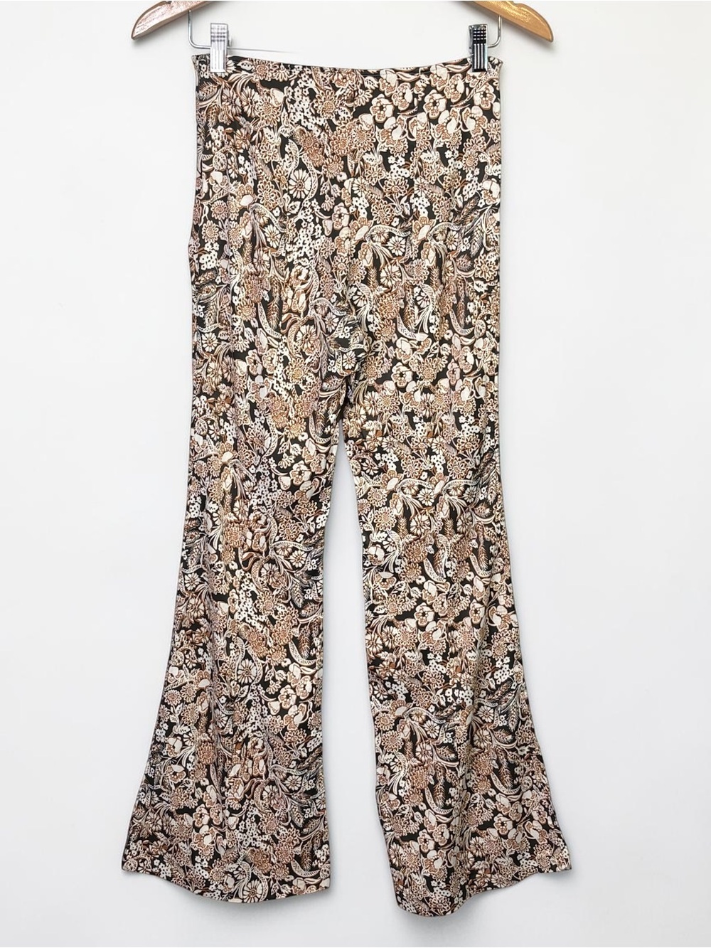 Anthropologie Floral Satin Flare Pants Retro Boho Size 2 Black Brown Cream - Picture 8 of 12